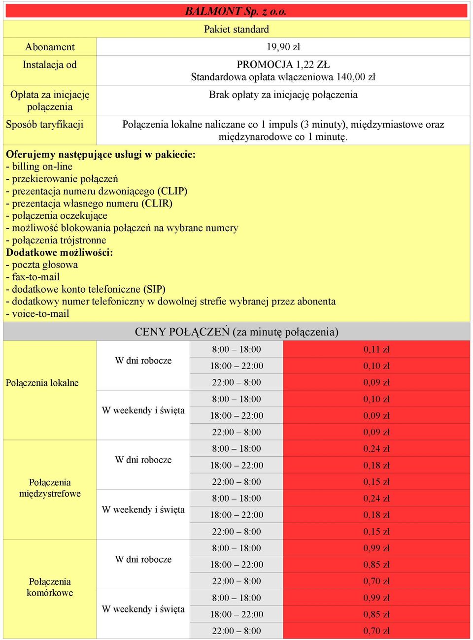 międzymiastowe oraz międzynarodowe co 1 minutę.