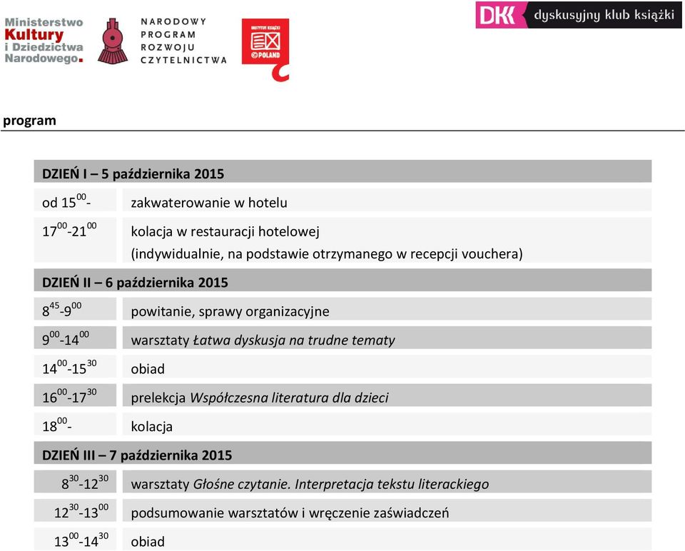 dyskusja na trudne tematy 14 00-15 30 obiad 16 00-17 30 prelekcja Współczesna literatura dla dzieci 18 00 - kolacja DZIEŃ III 7 października