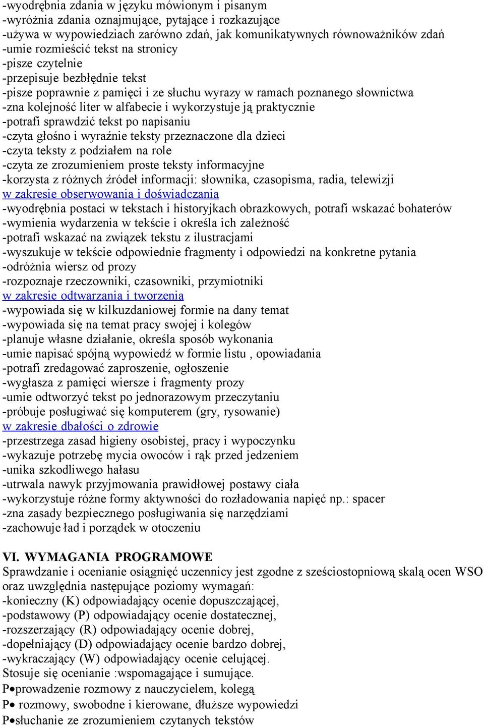 -potrafi sprawdzić tekst po napisaniu -czyta głośno i wyraźnie teksty przeznaczone dla dzieci -czyta teksty z podziałem na role -czyta ze zrozumieniem proste teksty informacyjne -korzysta z różnych