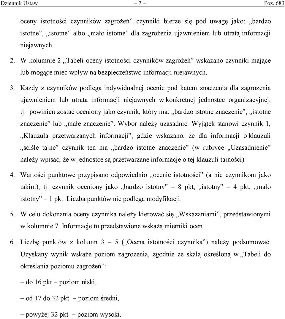 Każdy z czynników podlega indywidualnej ocenie pod kątem znaczenia dla zagrożenia ujawnieniem lub utratą informacji niejawnych w konkretnej jednostce organizacyjnej, tj.