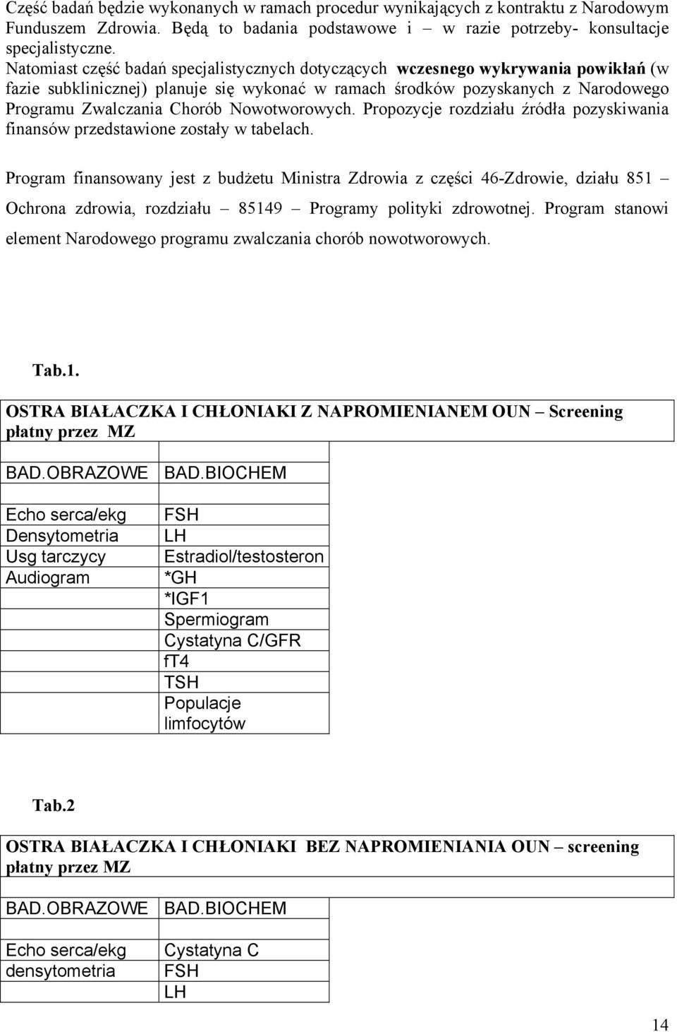 Nowotworowych. Propozycje rozdziału źródła pozyskiwania finansów przedstawione zostały w tabelach.