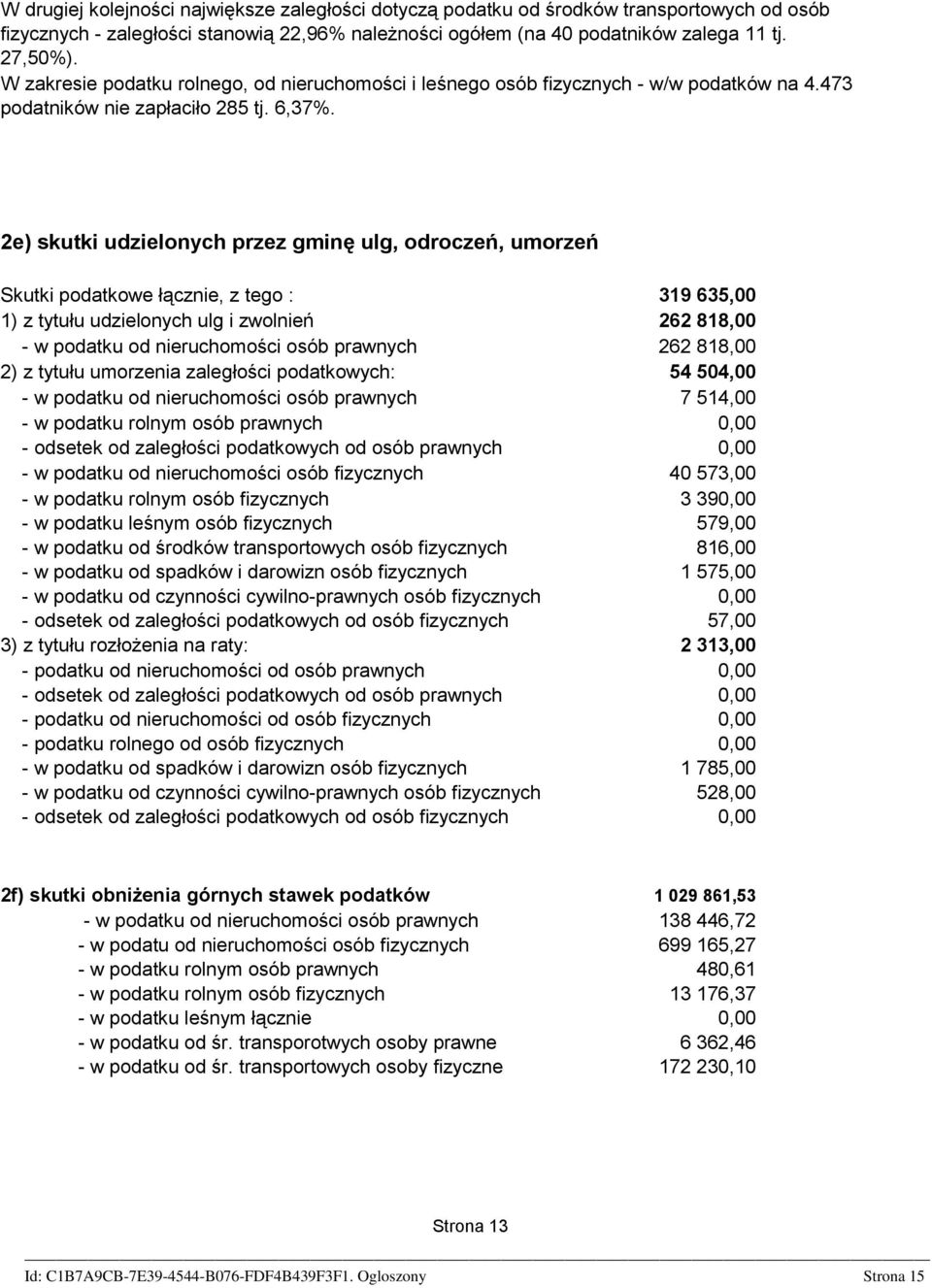 2e) skutki udzielonych przez gminę ulg, odroczeń, umorzeń Skutki podatkowe łącznie, z tego : 319 635,00 1) z tytułu udzielonych ulg i zwolnień 262 818,00 - w podatku od nieruchomości osób prawnych