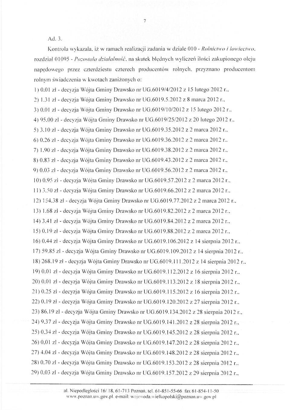 kwotach zaniżonych o: 1) 0.01 zł - decyzja Wójta Gminy Drawsko nr UG.6019/4/2012 z 15 lutego 2012 r.. 2) 1.31 zł - decyzja Wójta Gminy Drawsko nr UG.6019.5.2012 z 8 marca 2012 r.. 3) 0.