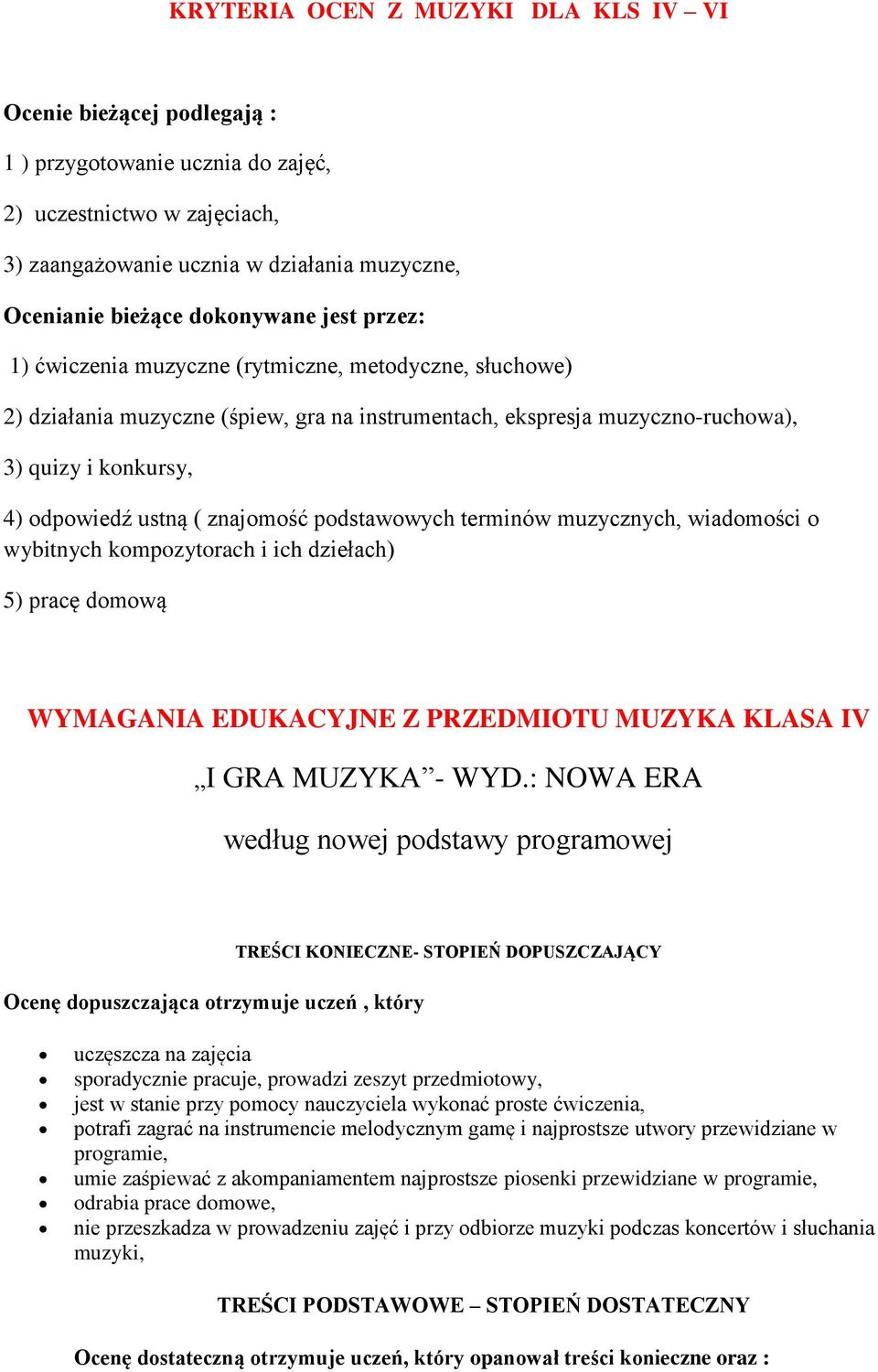 ( znajomość podstawowych terminów muzycznych, wiadomości o wybitnych kompozytorach i ich dziełach) 5) pracę domową WYMAGANIA EDUKACYJNE Z PRZEDMIOTU MUZYKA KLASA IV I GRA MUZYKA - WYD.