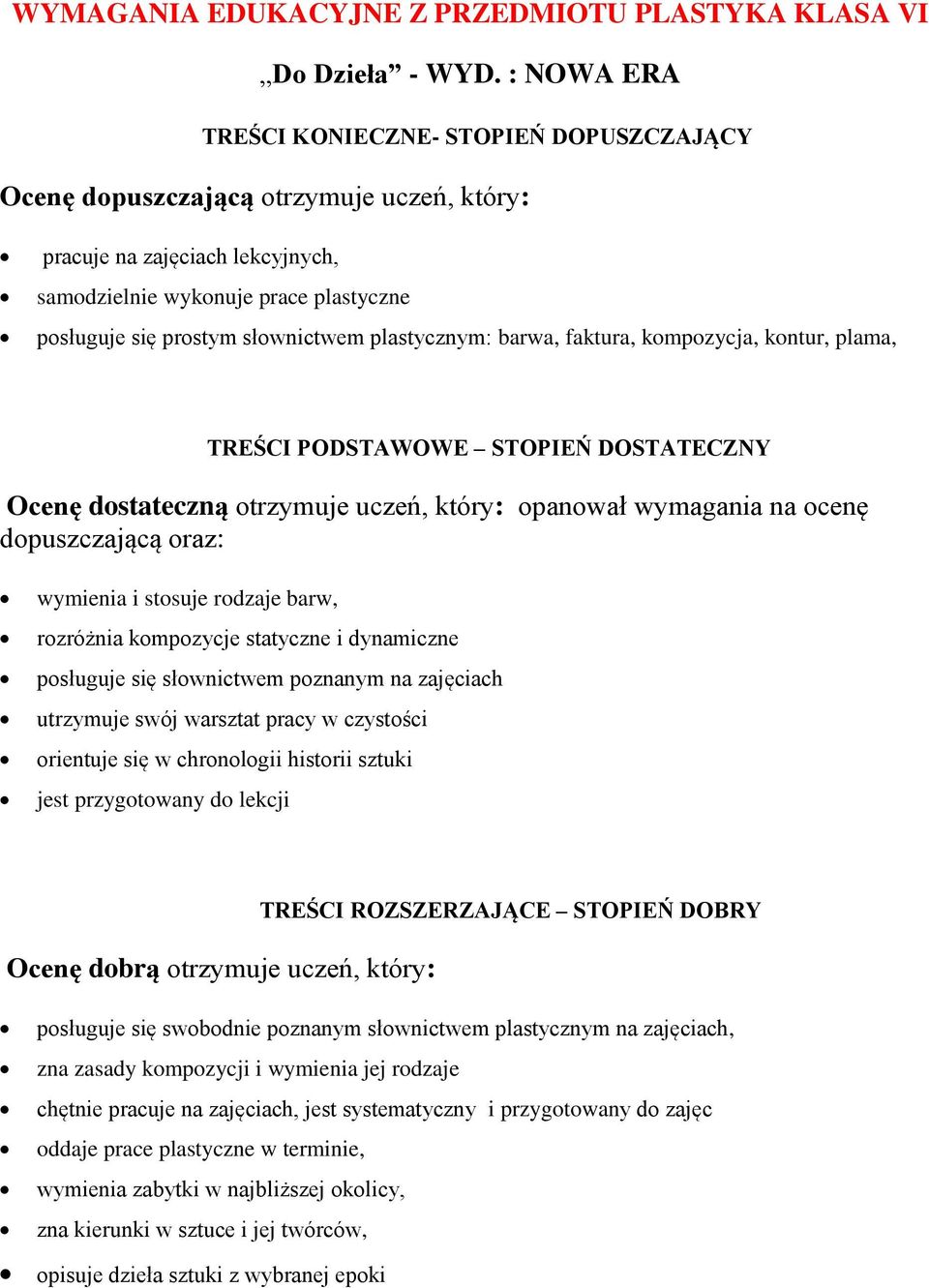 słownictwem plastycznym: barwa, faktura, kompozycja, kontur, plama, TREŚCI PODSTAWOWE STOPIEŃ DOSTATECZNY Ocenę dostateczną otrzymuje uczeń, który: opanował wymagania na ocenę dopuszczającą oraz: