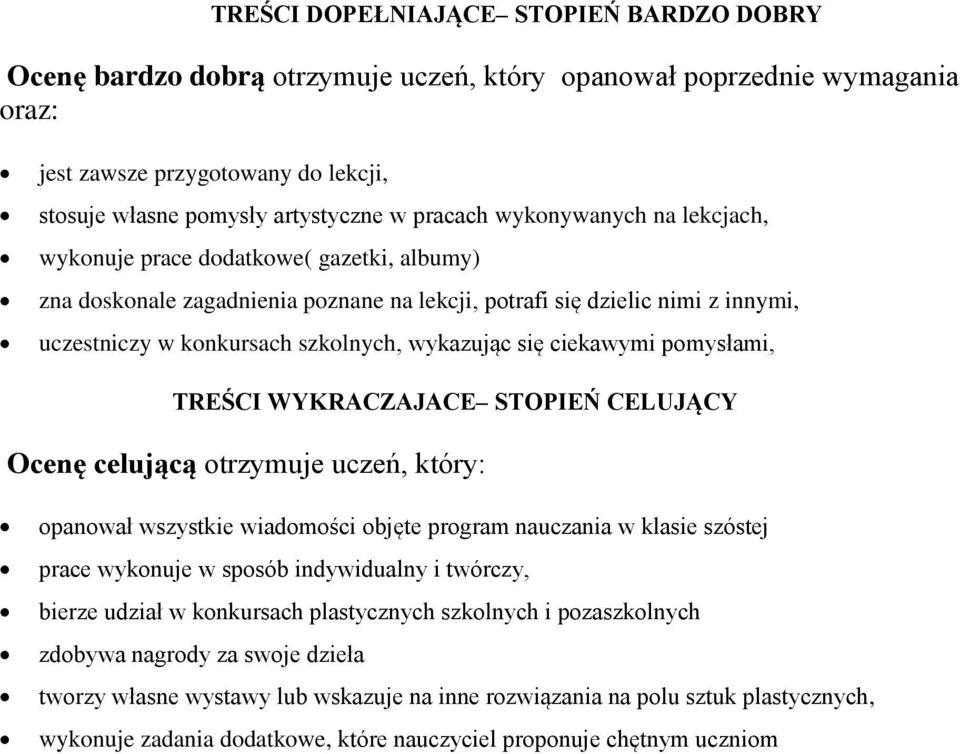 ciekawymi pomysłami, TREŚCI WYKRACZAJACE STOPIEŃ CELUJĄCY Ocenę celującą otrzymuje uczeń, który: opanował wszystkie wiadomości objęte program nauczania w klasie szóstej prace wykonuje w sposób