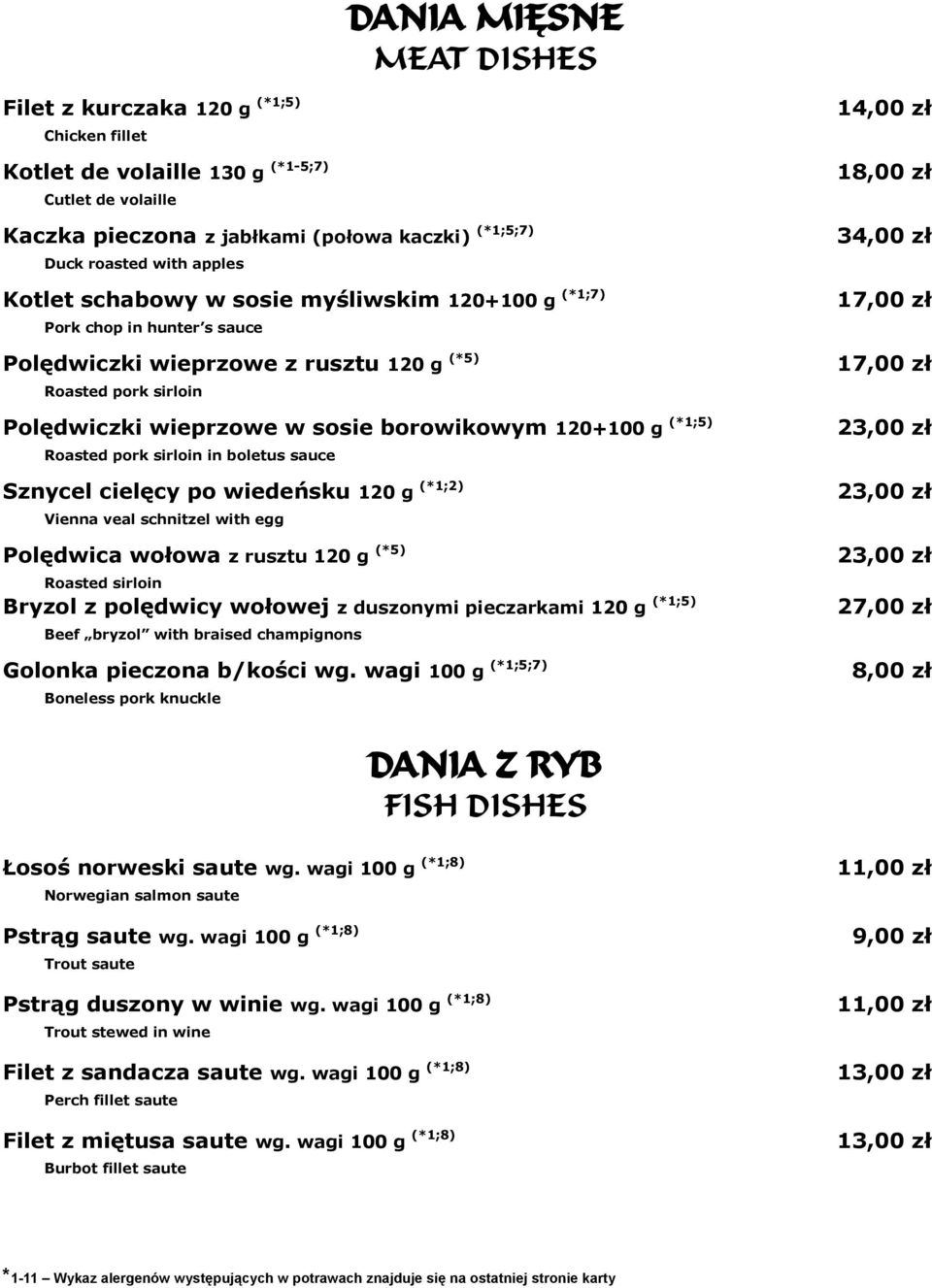 (*1;5) Roasted pork sirloin in boletus sauce Sznycel cielęcy po wiedeńsku 120 g (*1;2) Vienna veal schnitzel with egg Polędwica wołowa z rusztu 120 g (*5) Roasted sirloin Bryzol z polędwicy wołowej z