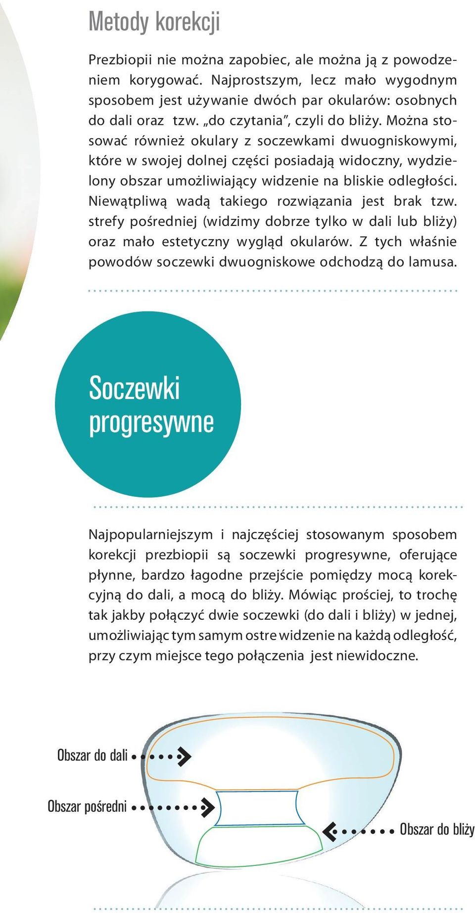 Można stosować również okulary z soczewkami dwuogniskowymi, które w swojej dolnej części posiadają widoczny, wydzielony obszar umożliwiający widzenie na bliskie odległości.