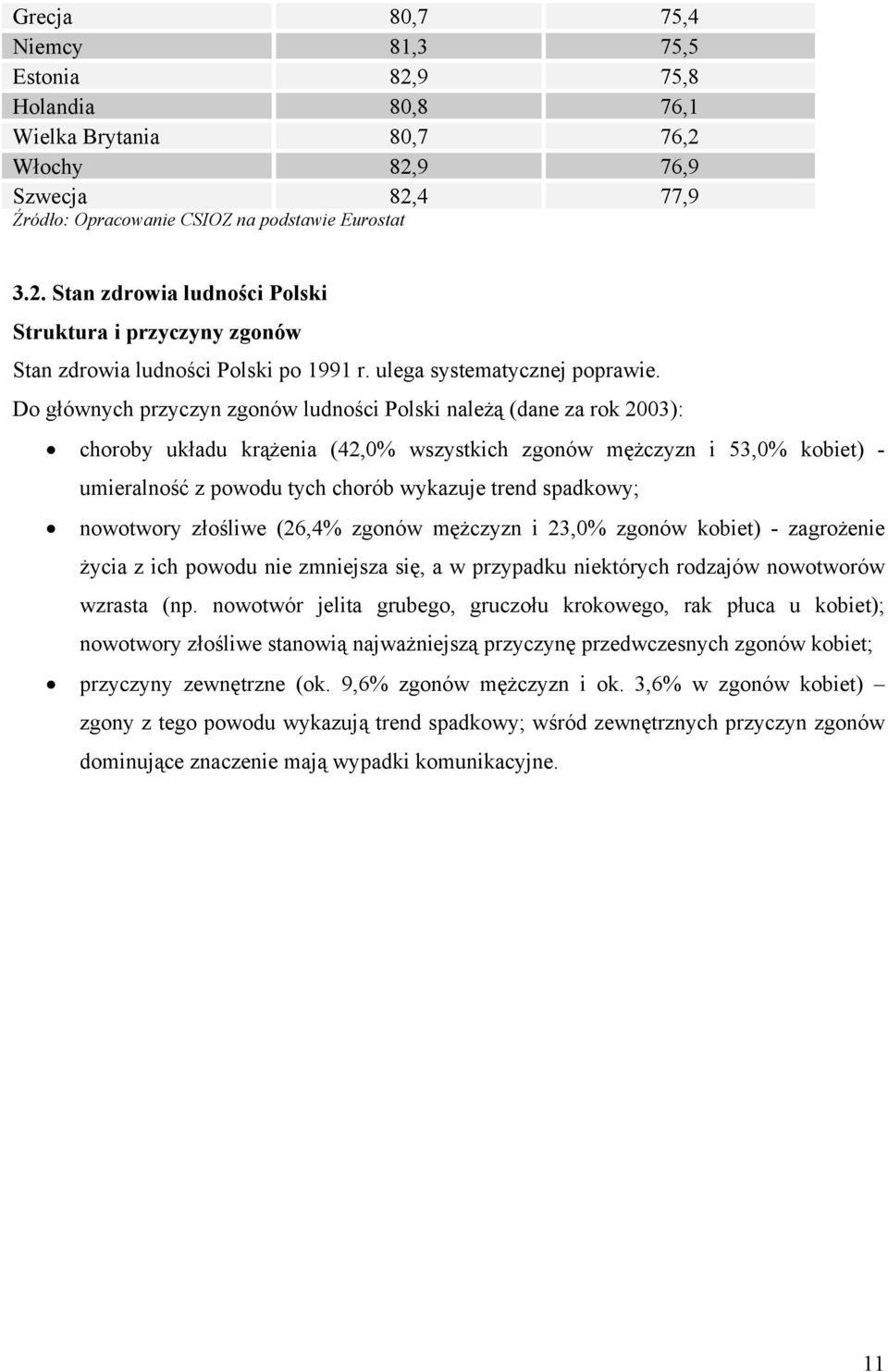 Do głównych przyczyn zgonów ludności Polski należą (dane za rok 2003): choroby układu krążenia (42,0% wszystkich zgonów mężczyzn i 53,0% kobiet) - umieralność z powodu tych chorób wykazuje trend