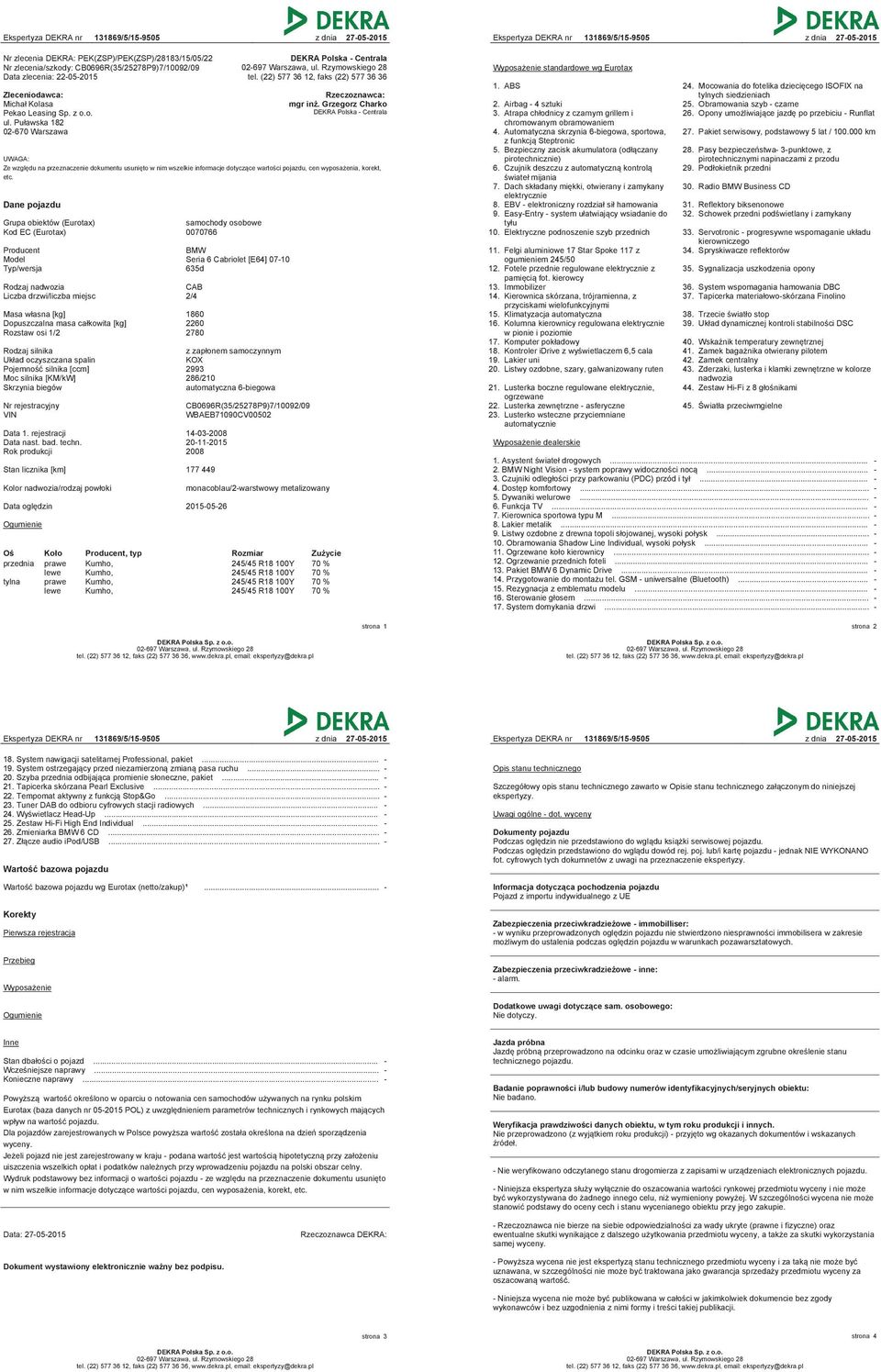 Grzegorz Charko DEKRA Polska - Centrala Ze względu na przeznaczenie dokumentu usunięto w nim wszelkie informacje dotyczące wartości pojazdu, cen wyposażenia, korekt, etc.