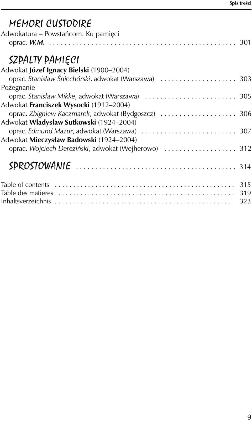 Zbigniew Kaczmarek, adwokat (Bydgoszcz).................... 306 Adwokat Władysław Sutkowski (1924 2004) oprac. Edmund Mazur, adwokat (Warszawa)......................... 307 Adwokat Mieczysław Badowski (1924 2004) oprac.