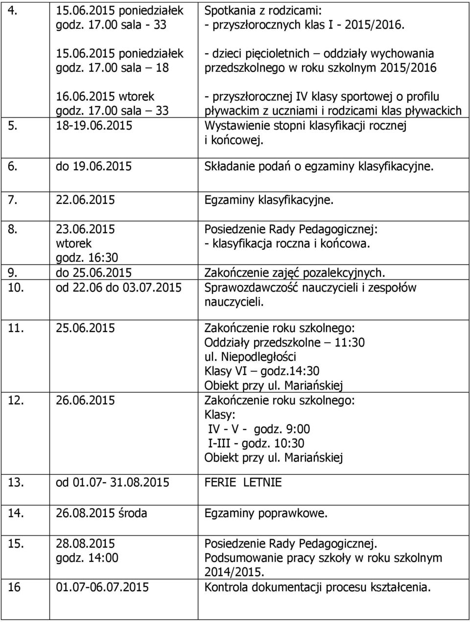 00 sala 33 - przyszłorocznej IV klasy sportowej o profilu pływackim z uczniami i rodzicami klas pływackich 5. 18-19.06.2015 Wystawienie stopni klasyfikacji rocznej i końcowej. 6. do 19.06.2015 Składanie podań o egzaminy klasyfikacyjne.