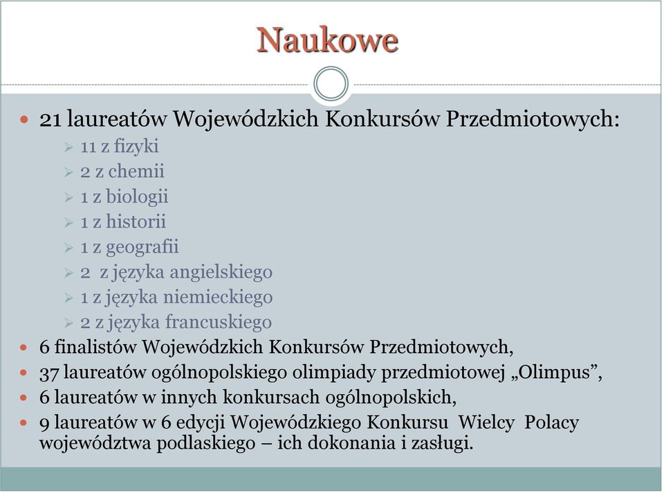 Konkursów Przedmiotowych, 37 laureatów ogólnopolskiego olimpiady przedmiotowej Olimpus, 6 laureatów w innych