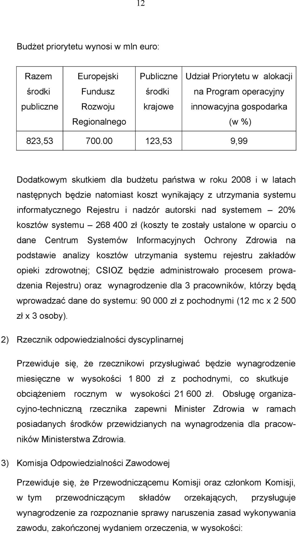 00 123,53 9,99 Dodatkowym skutkiem dla budżetu państwa w roku 2008 i w latach następnych będzie natomiast koszt wynikający z utrzymania systemu informatycznego Rejestru i nadzór autorski nad systemem