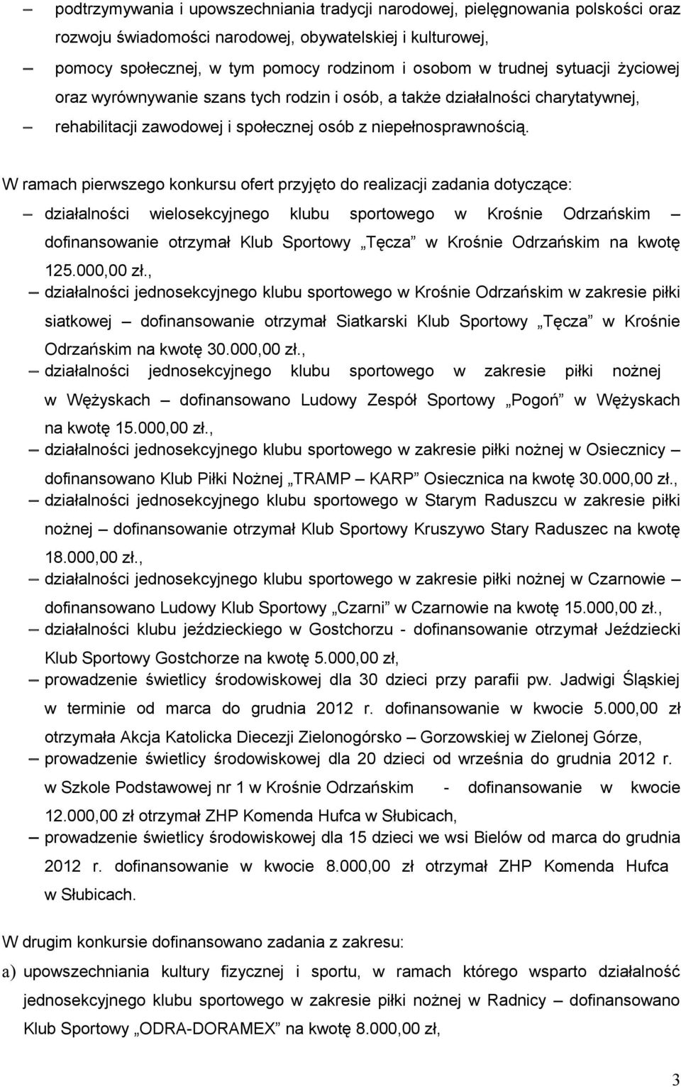 W ramach pierwszego konkursu ofert przyjęto do realizacji zadania dotyczące: działalności wielosekcyjnego klubu sportowego w dofinansowanie otrzymał Klub Sportowy Tęcza w na kwotę 125.000,00 zł.