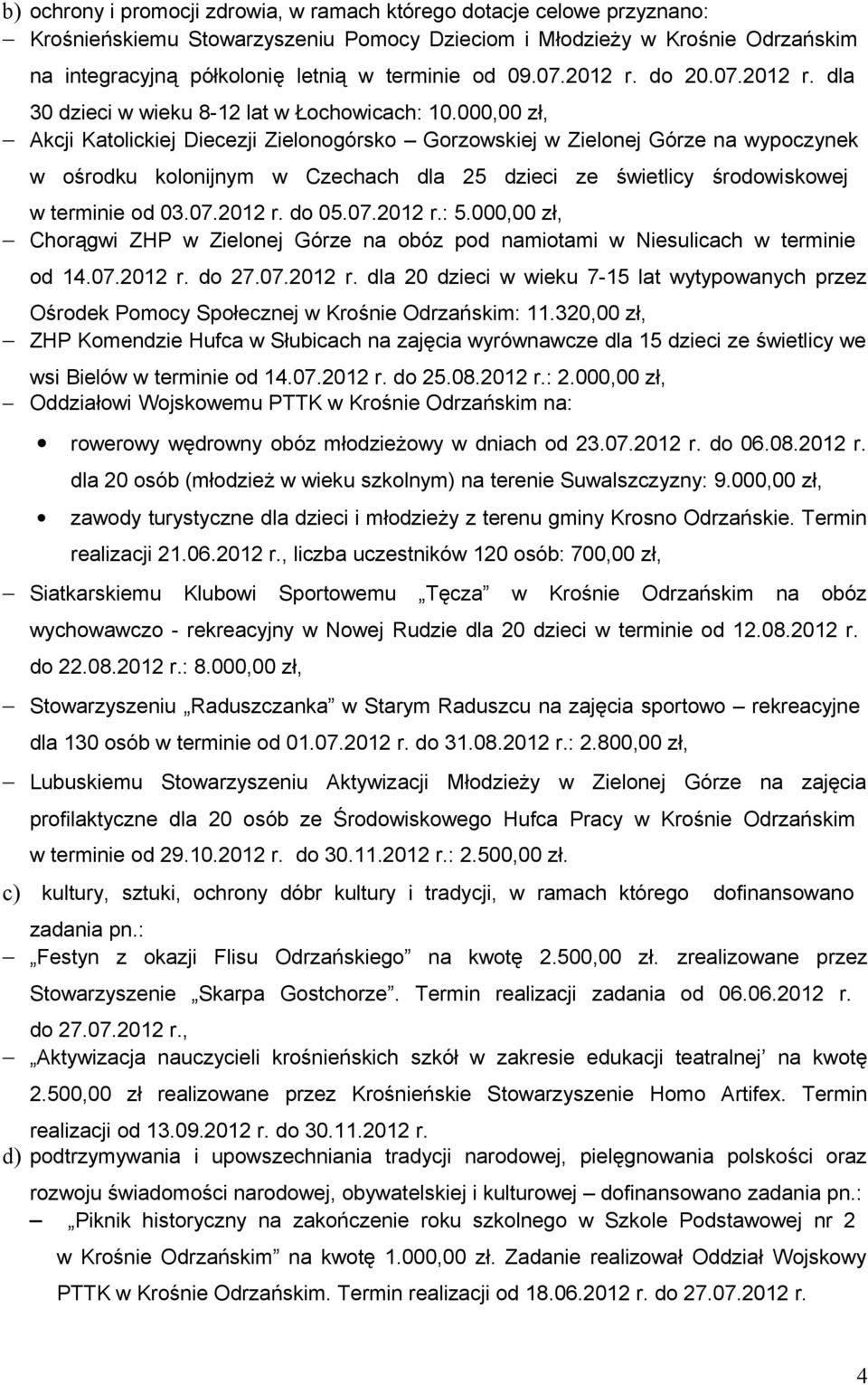 000,00 zł, Akcji Katolickiej Diecezji Zielonogórsko Gorzowskiej w Zielonej Górze na wypoczynek w ośrodku kolonijnym w Czechach dla 25 dzieci ze świetlicy środowiskowej w terminie od 03.07.2012 r.