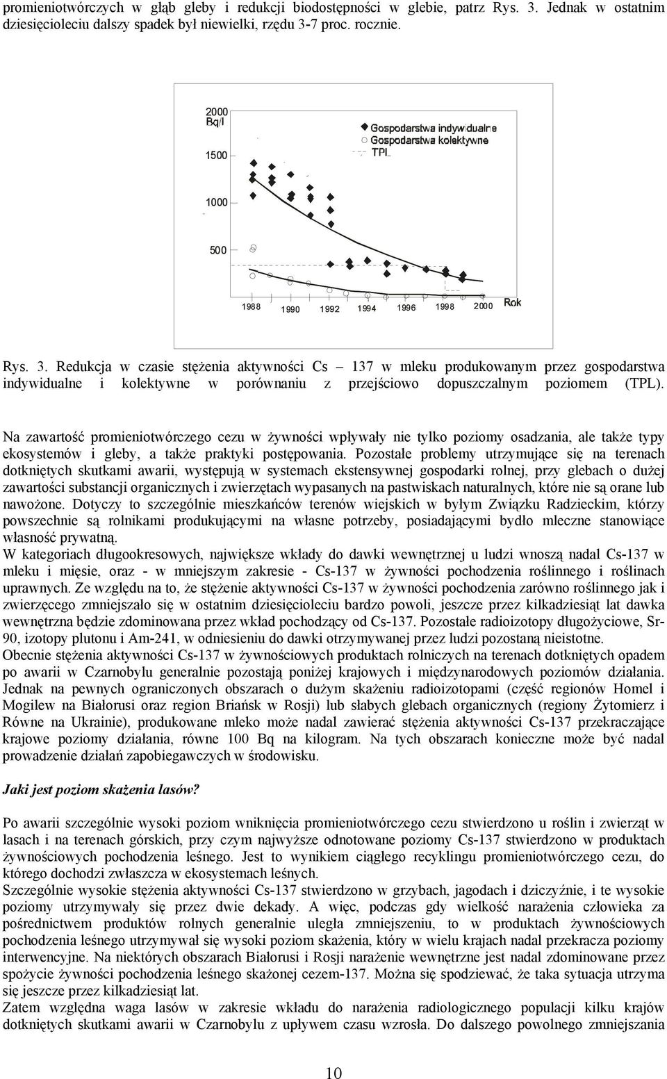 Redukcja w czasie stężenia aktywności Cs 137 w mleku produkowanym przez gospodarstwa indywidualne i kolektywne w porównaniu z przejściowo dopuszczalnym poziomem (TPL).