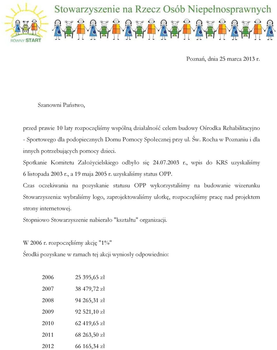 Rocha w Poznaniu i dla innych potrzebujących pomocy dzieci. Spotkanie Komitetu ZałoŜycielskiego odbyło się 24.07.2003 r., wpis do KRS uzyskaliśmy 6 listopada 2003 r., a 19 maja 2005 r.