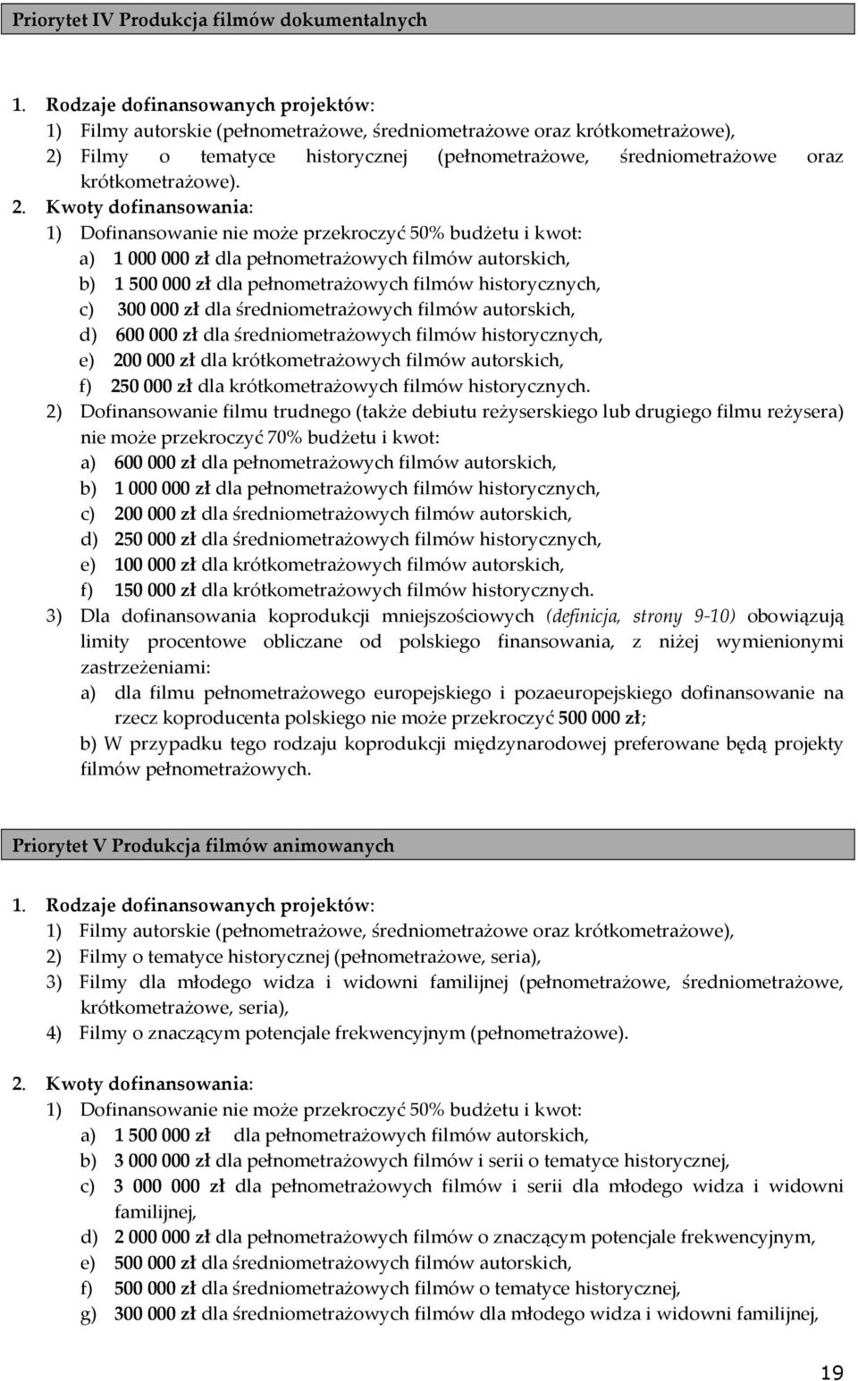 2. Kwoty dofinansowania: 1) Dofinansowanie nie może przekroczyć 50% budżetu i kwot: a) 1 000 000 zł dla pełnometrażowych filmów autorskich, b) 1 500 000 zł dla pełnometrażowych filmów historycznych,