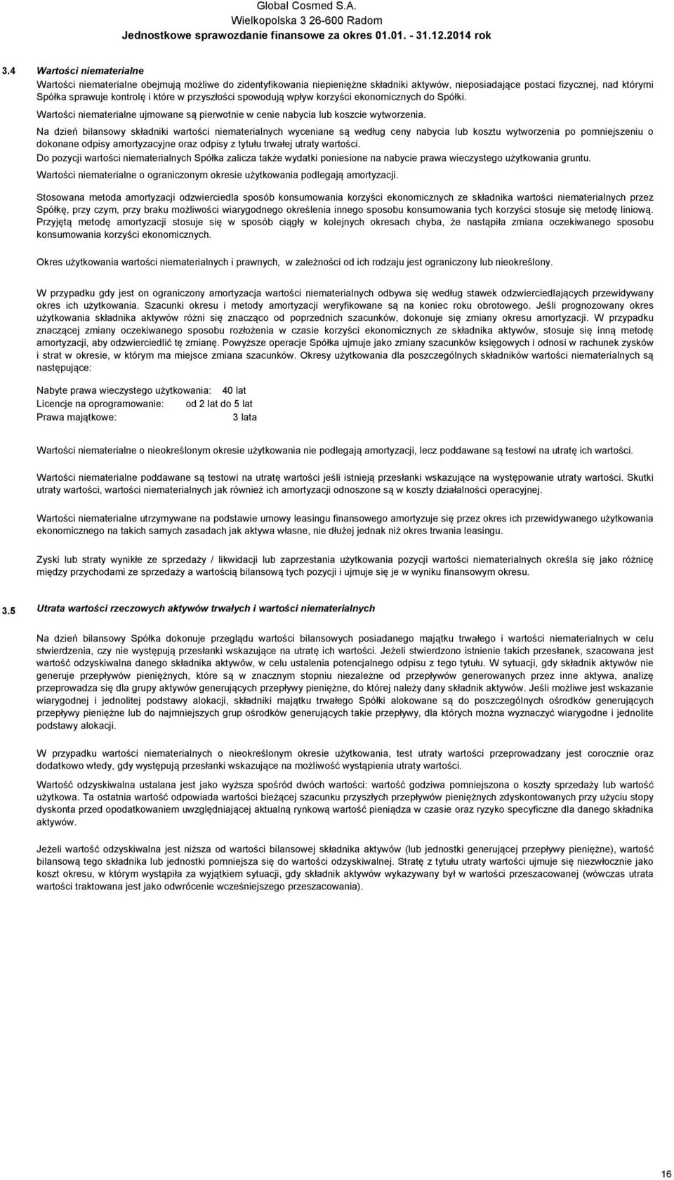 Na dzień bilansowy składniki wartości niematerialnych wyceniane są według ceny nabycia lub kosztu wytworzenia po pomniejszeniu o dokonane odpisy amortyzacyjne oraz odpisy z tytułu trwałej utraty