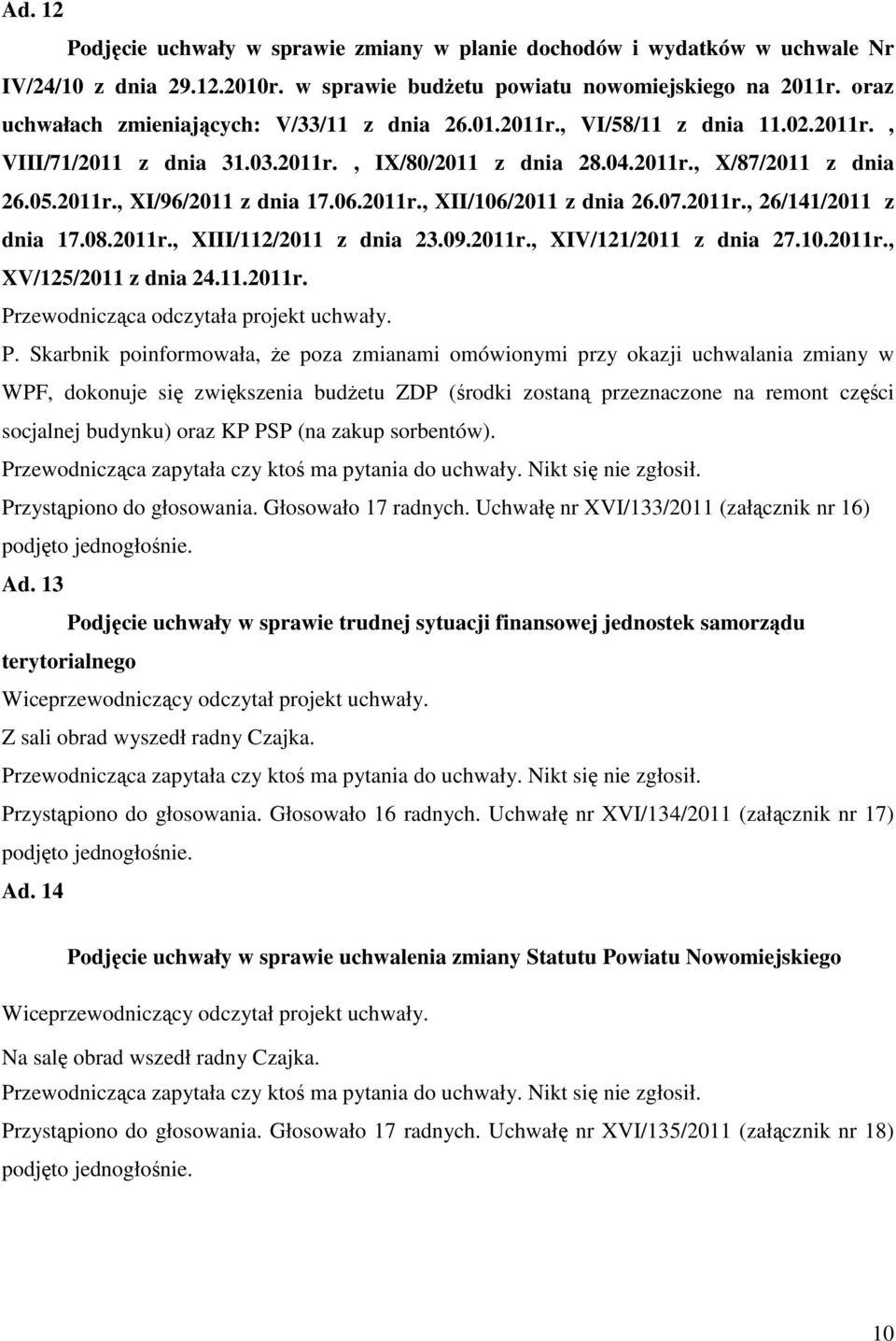 06.2011r., XII/106/2011 z dnia 26.07.2011r., 26/141/2011 z dnia 17.08.2011r., XIII/112/2011 z dnia 23.09.2011r., XIV/121/2011 z dnia 27.10.2011r., XV/125/2011 z dnia 24.11.2011r. Przewodnicząca odczytała projekt uchwały.