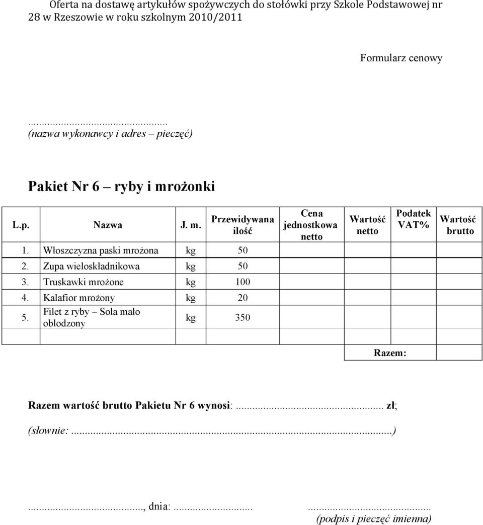 Zupa wieloskładnikowa kg 50 3. Truskawki mrożone kg 100 4. Kalafior mrożony kg 20 5.