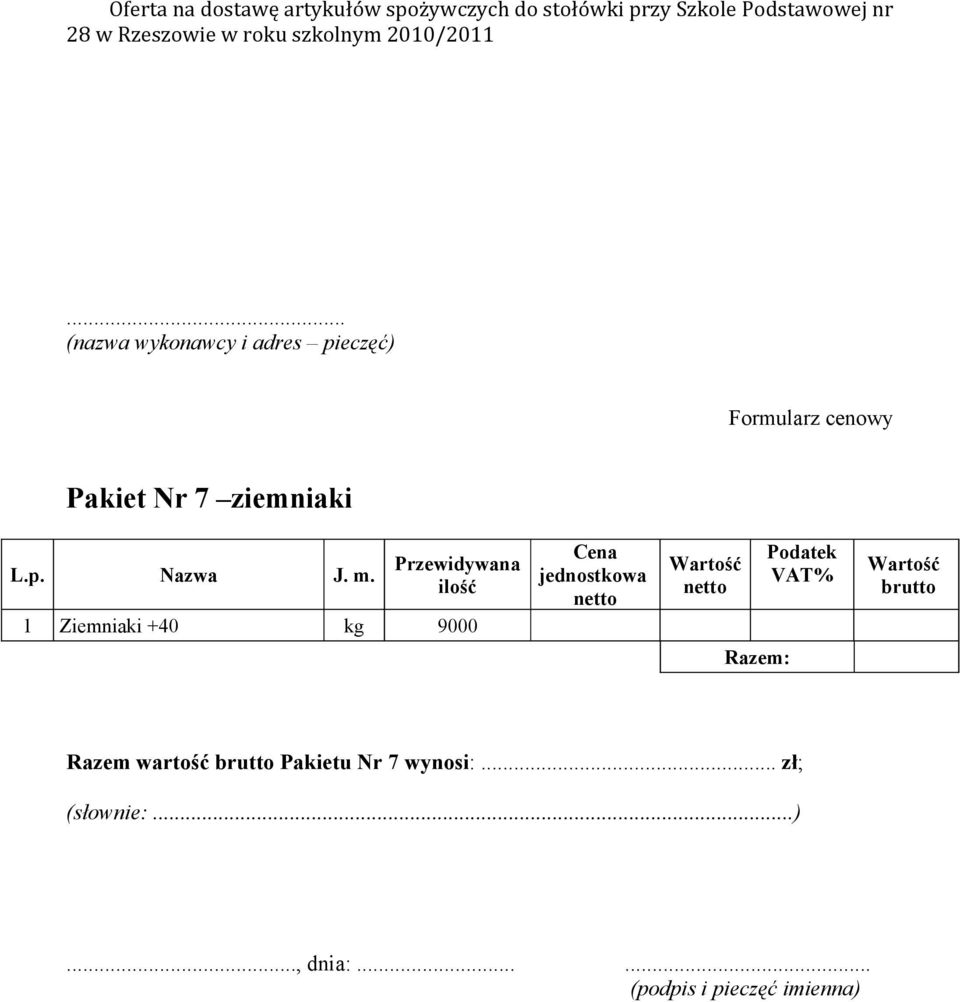 m. Przewidywana ilość 1 Ziemniaki +40 kg 9000 Cena jednostkowa Razem: Podatek VAT% brutto Razem