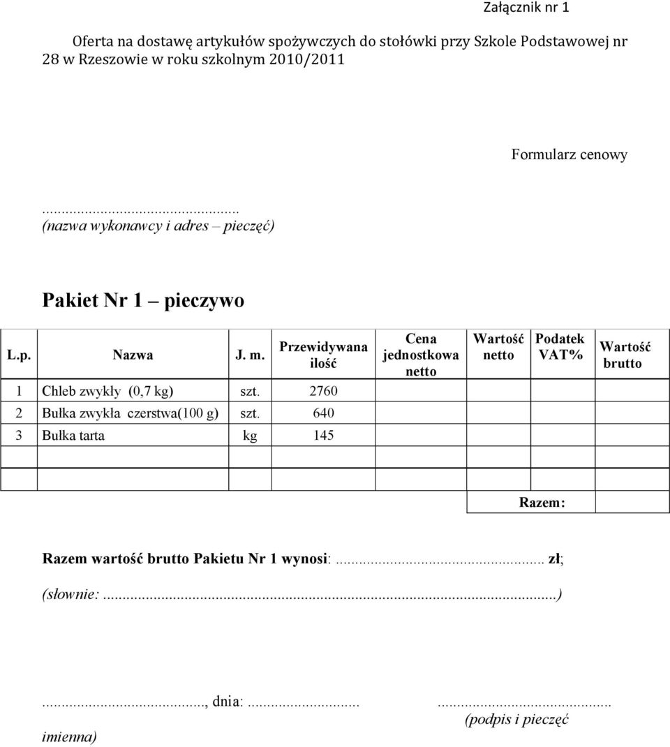 Przewidywana ilość 1 Chleb zwykły (0,7 kg) szt. 2760 2 Bułka zwykła czerstwa(100 g) szt.