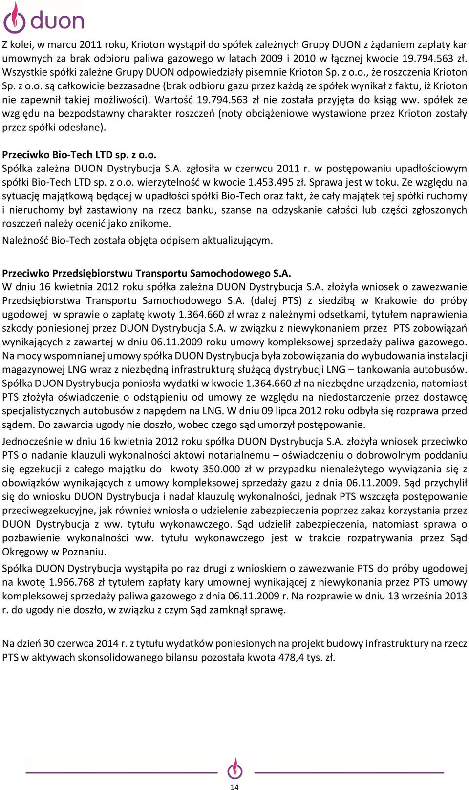 Wartość 19.794.563 zł nie została przyjęta do ksiąg ww. spółek ze względu na bezpodstawny charakter roszczeń (noty obciążeniowe wystawione przez Krioton zostały przez spółki odesłane).