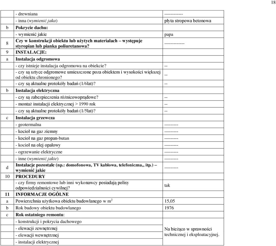 -- - czy są sztyce odgromowe umieszczone poza obiektem i wysokości większej od obiektu chronionego? -- - czy są aktualne protokóły badań (1/6lat)?