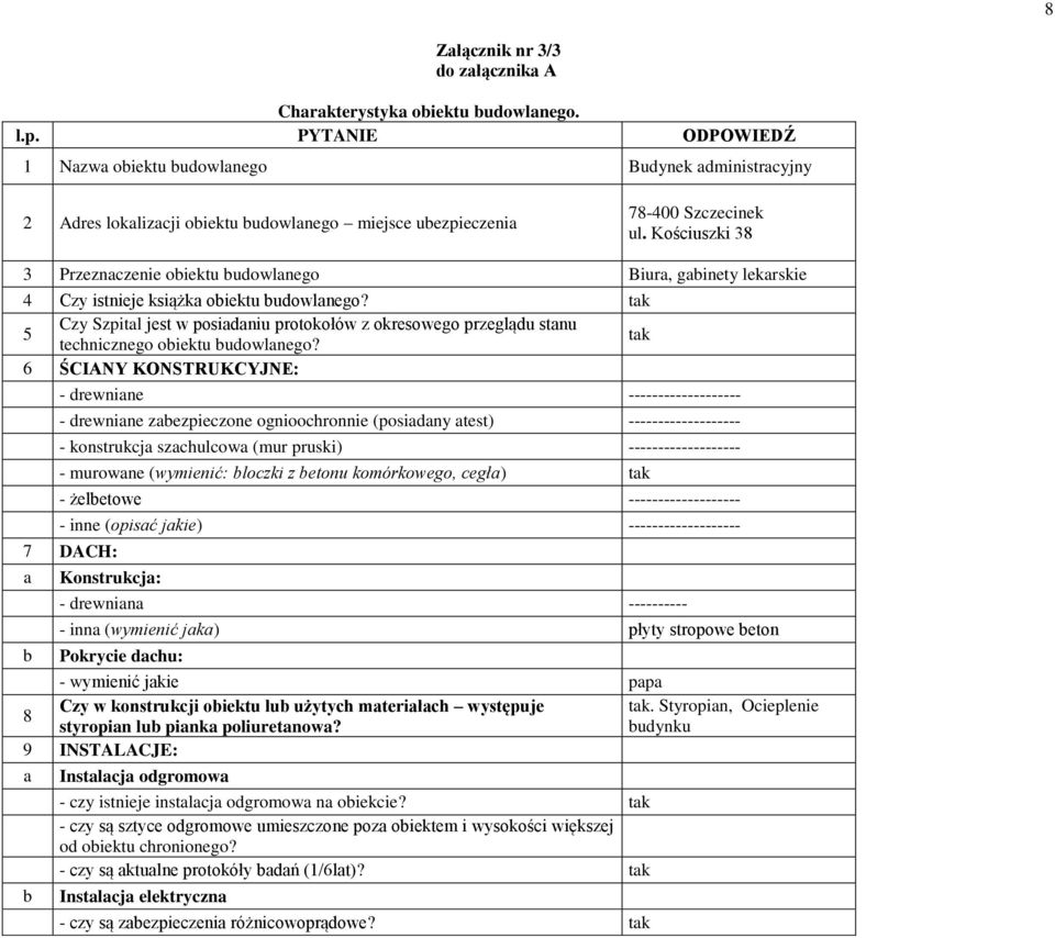 Kościuszki 38 3 Przeznaczenie obiektu budowlanego Biura, gabinety lekarskie 4 Czy istnieje książka obiektu budowlanego?