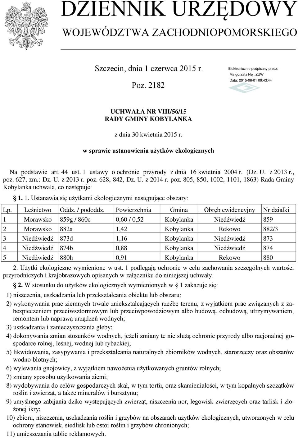 poz. 805, 850, 1002, 1101, 1863) Rada Gminy Kobylanka uchwala, co następuje: 1. 1. Ustanawia się użytkami ekologicznymi następujące obszary: Lp. Leśnictwo Oddz. / pododdz.