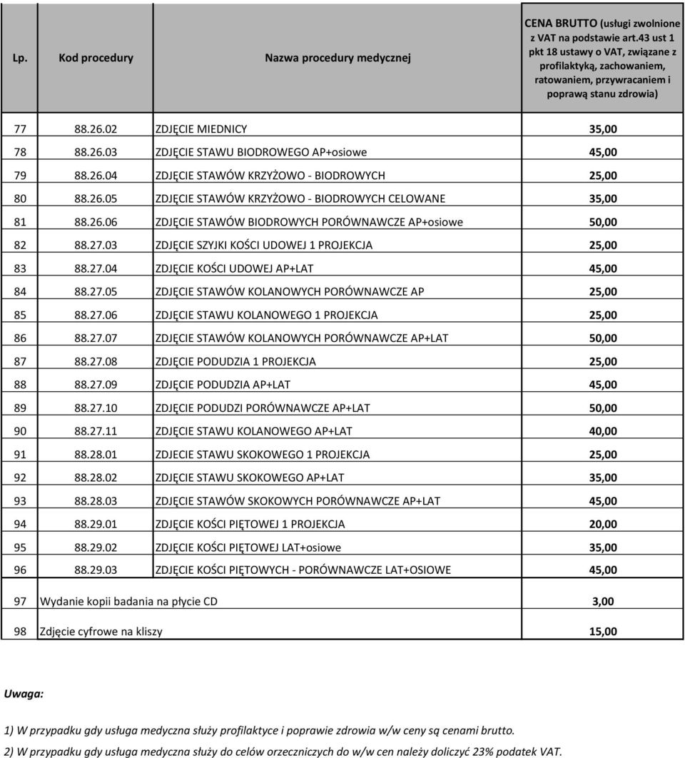 27.06 ZDJĘCIE STAWU KOLANOWEGO 1 PROJEKCJA 25,00 86 88.27.07 ZDJĘCIE STAWÓW KOLANOWYCH PORÓWNAWCZE AP+LAT 50,00 87 88.27.08 ZDJĘCIE PODUDZIA 1 PROJEKCJA 25,00 88 88.27.09 ZDJĘCIE PODUDZIA AP+LAT 45,00 89 88.