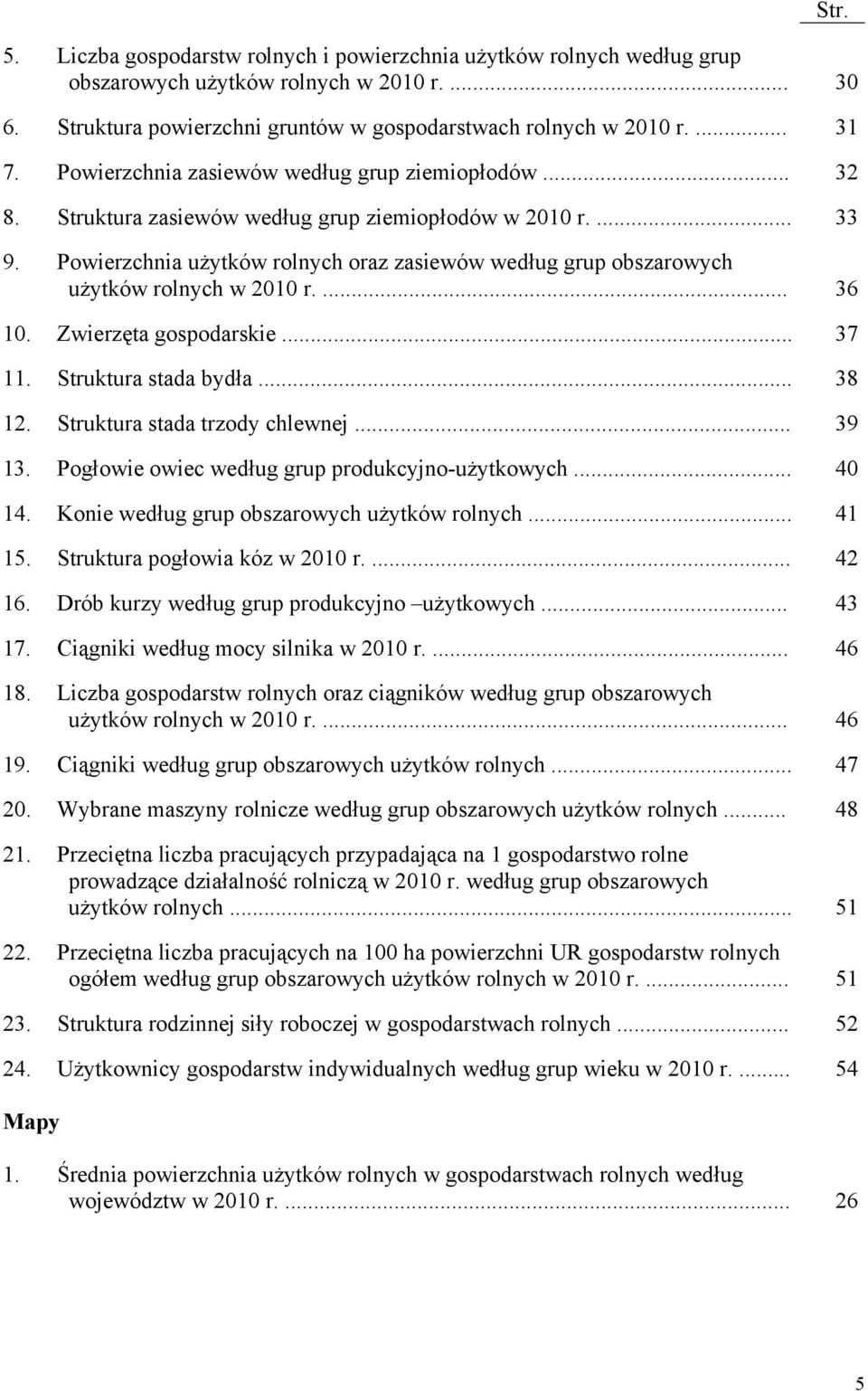 Powierzchnia użytków rolnych oraz zasiewów według grup obszarowych użytków rolnych w 2010 r.... 36 10. Zwierzęta gospodarskie... 37 11. Struktura stada bydła... 38 12. Struktura stada trzody chlewnej.