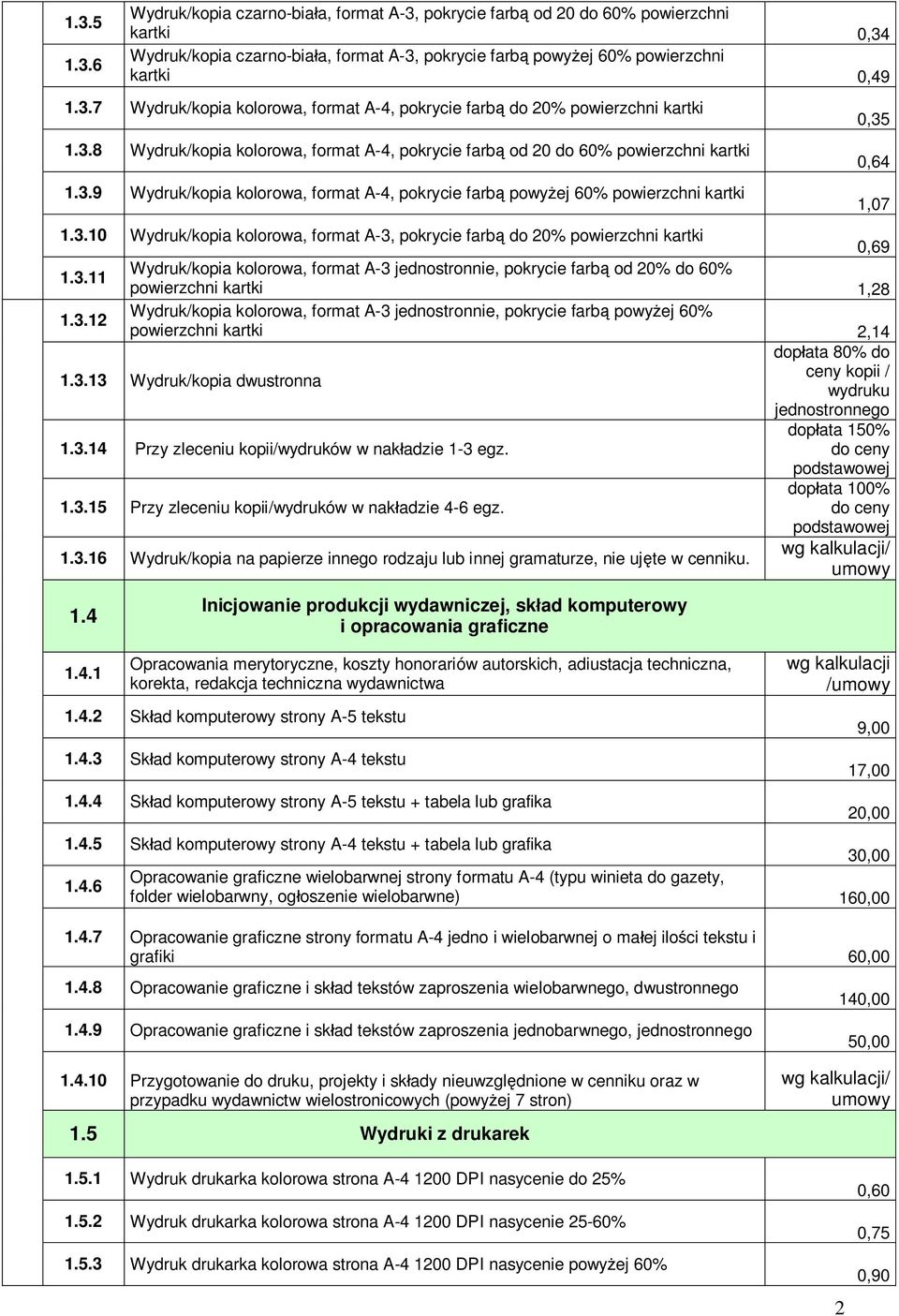 3.11 Wydruk/kopia kolorowa, format A-3 jednostronnie, pokrycie farb od 20% do 60% powierzchni kartki 1,28 1.3.12 Wydruk/kopia kolorowa, format A-3 jednostronnie, pokrycie farb powy ej 60% powierzchni kartki 2,14 1.