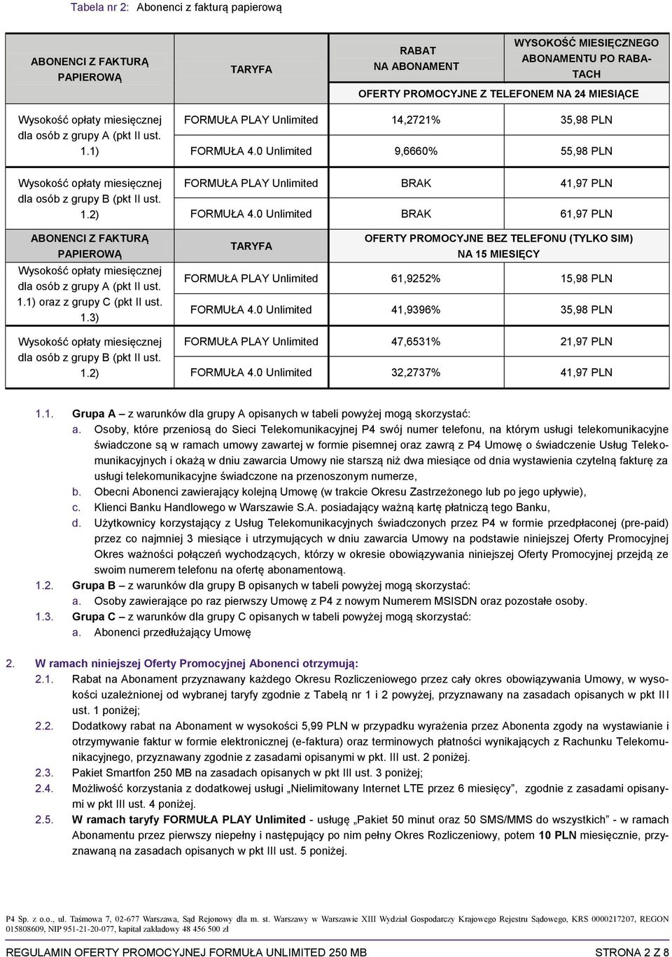 1.1) oraz z grupy C (pkt II ust. 1.3) dla osób z grupy B (pkt II ust. 1.2) FORMUŁA PLAY Unlimited BRAK 41,97 PLN FORMUŁA 4.