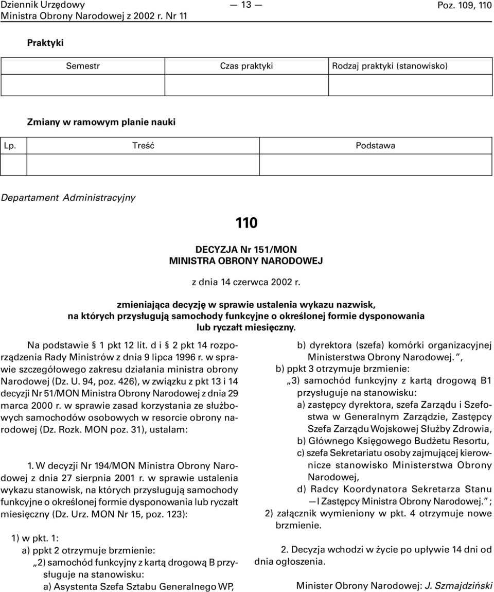 zmieniająca decyzję w sprawie ustalenia wykazu nazwisk, na których przysługują samochody funkcyjne o określonej formie dysponowania lub ryczałt miesięczny. Na podstawie 1 pkt 12 lit.