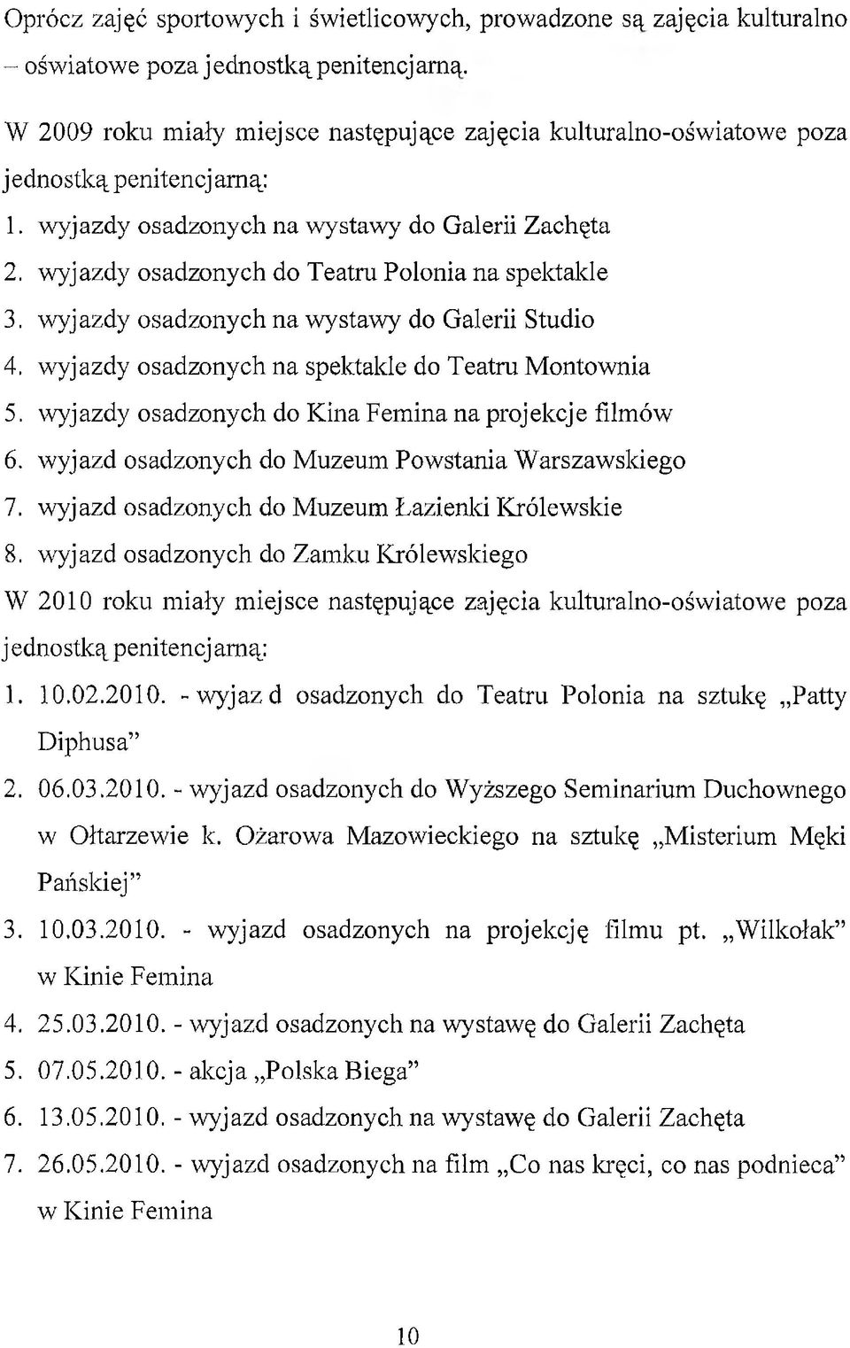 wyjazdy osadzonych do Teatru Polonia na spektakle 3. wyjazdy osadzonych na wystawy do Galerii Studio 4. wyjazdy osadzonych na spektakle do Teatru Montownia 5.