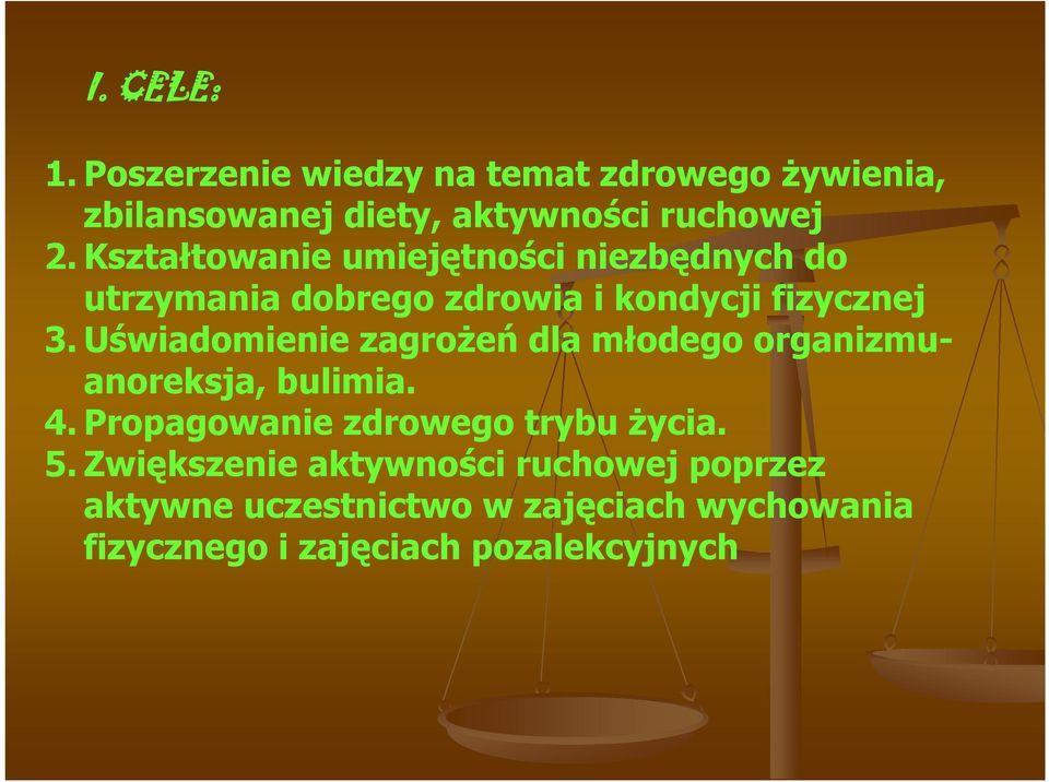 Uświadomienie zagrożeń dla młodego organizmuanoreksja, bulimia. 4. Propagowanie zdrowego trybu życia. 5.