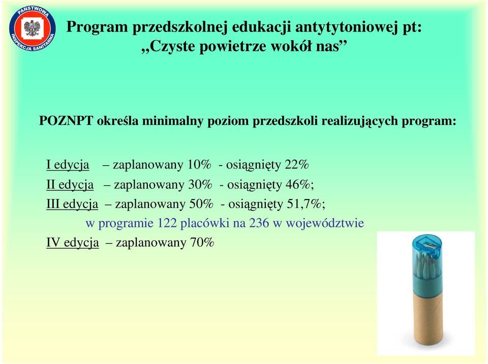 osiągnięty 22% II edycja zaplanowany 30% - osiągnięty 46%; III edycja zaplanowany 50% -