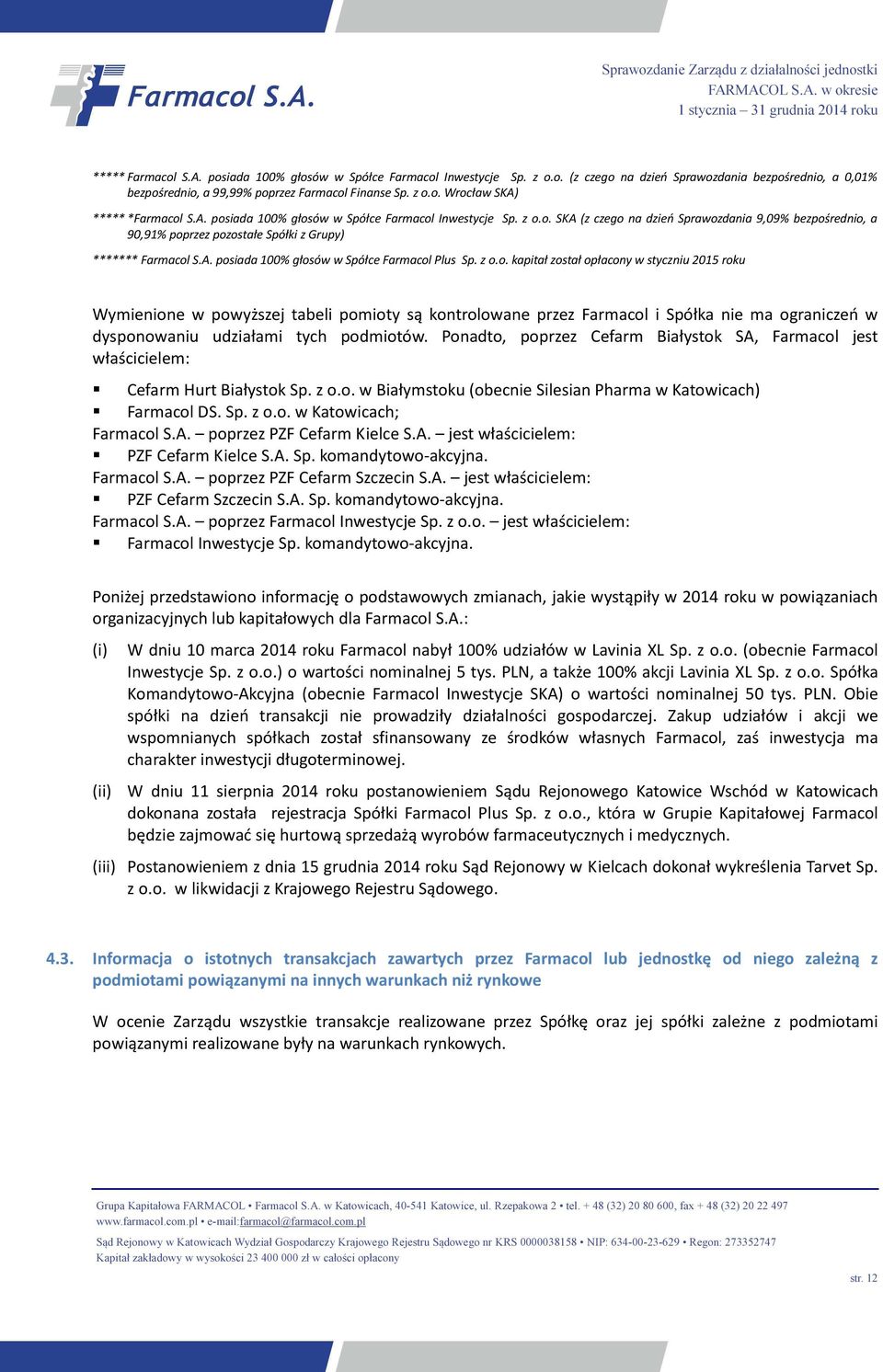 z o.o. kapitał został opłacony w styczniu 2015 roku Wymienione w powyższej tabeli pomioty są kontrolowane przez Farmacol i Spółka nie ma ograniczeń w dysponowaniu udziałami tych podmiotów.