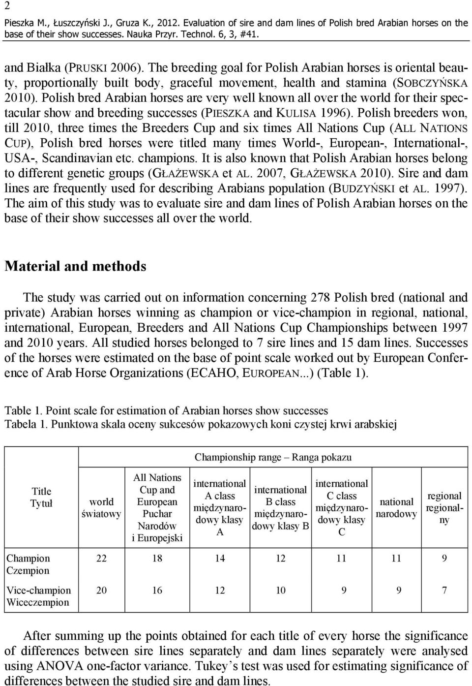 Polish bred Arabian horses are very well known all over the world for their spectacular show and breeding successes (PIESZKA and KULISA 1996).