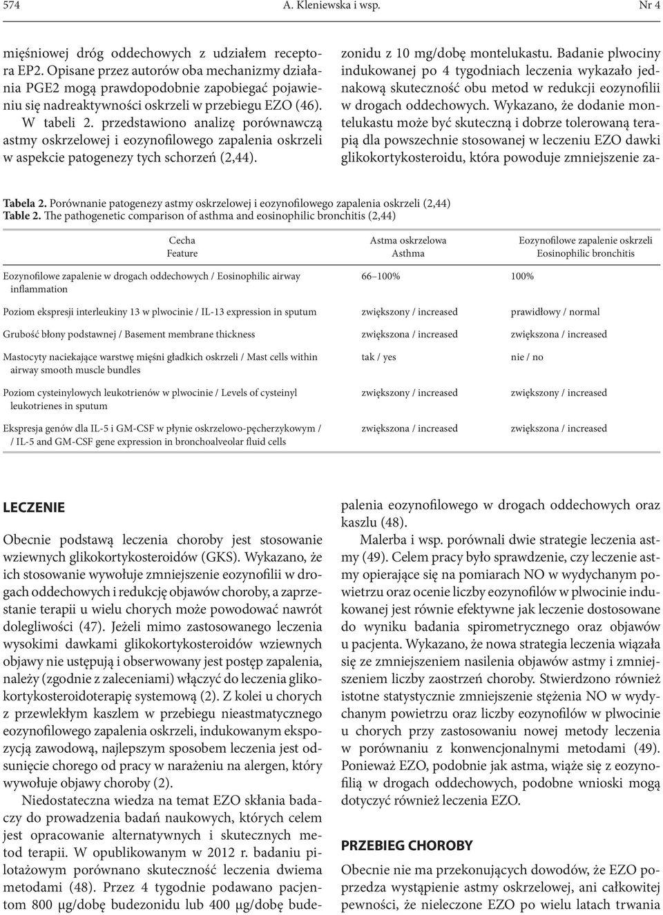 przedstawiono analizę porównawczą astmy oskrzelowej i eozynofilowego zapalenia oskrzeli w aspekcie patogenezy tych schorzeń (2,44). zonidu z 10 mg/dobę montelukastu.