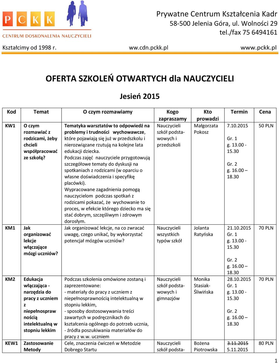 pl OFERTA SZKOLEŃ OTWARTYCH dla NAUCZYCIELI Jeseń 2015 Kod Temat O czym rozmawamy Kogo zapraszamy KW1 O czym Tematyka warsztatów to odpowedź na rozmawać z problemy trudnośc wychowawcze, rodzcam, żeby