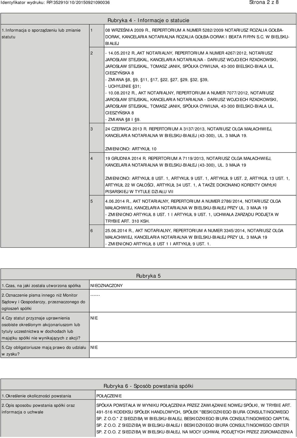 ,AKT NOTARIALNY, REPERTORIUM A NUMER 4267/2012, NOTARIUSZ JAROSŁAW STEJSKAL, KANCELARIA NOTARIALNA - DARIUSZ WOJCIECH RZADKOWSKI, JAROSŁAW STEJSKAL, TOMASZ JANIK, SPÓŁKA CYWILNA, 43-300 BIELSKO-BIAŁA