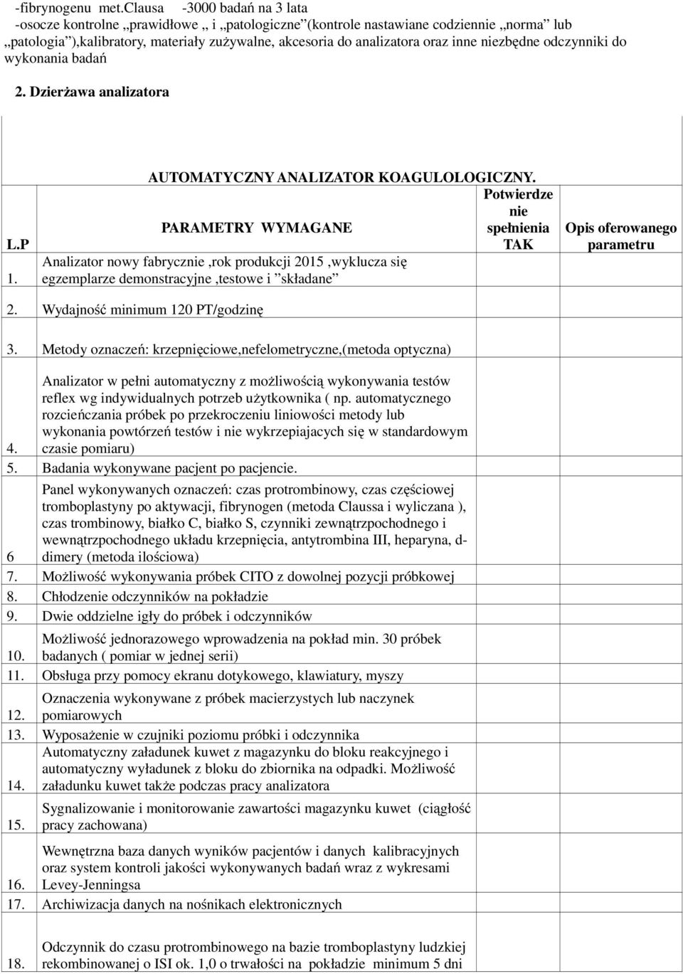 niezbędne odczynniki do wykonania badań 2. Dzierżawa analizatora L.P 1. AUTOMATYCZNY ANALIZATOR KOAGULOLOGICZNY.