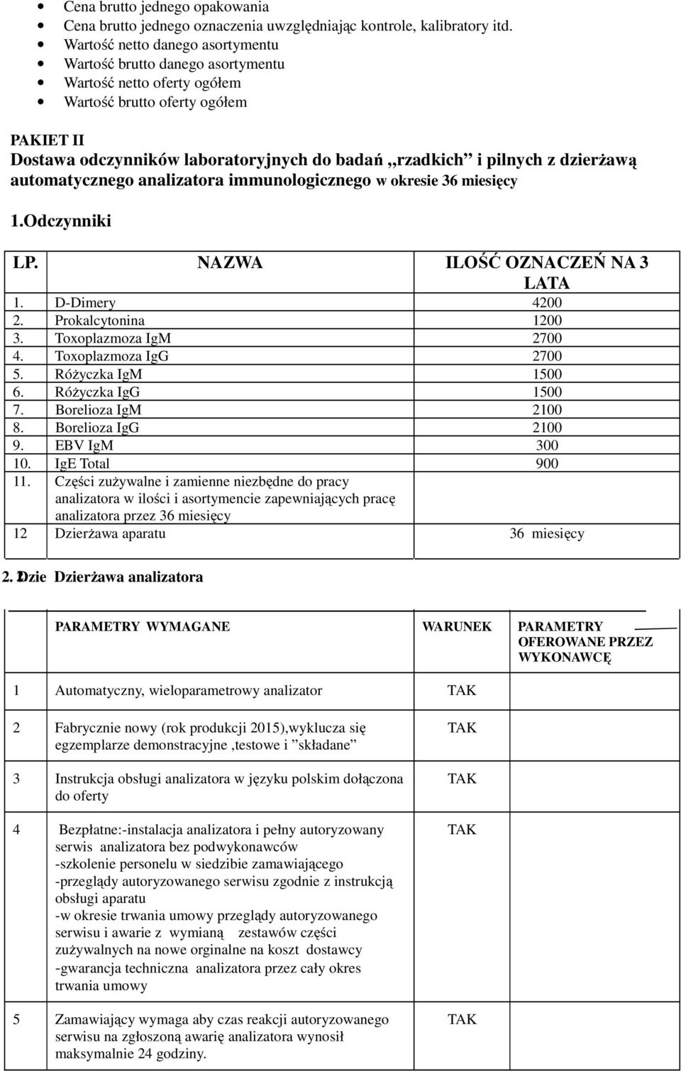 dzierżawą automatycznego analizatora immunologicznego w okresie 36 miesięcy 1.Odczynniki LP. NAZWA ILOŚĆ OZNACZEŃ NA 3 LATA 1. D-Dimery 4200 2. Prokalcytonina 1200 3. Toxoplazmoza IgM 2700 4.