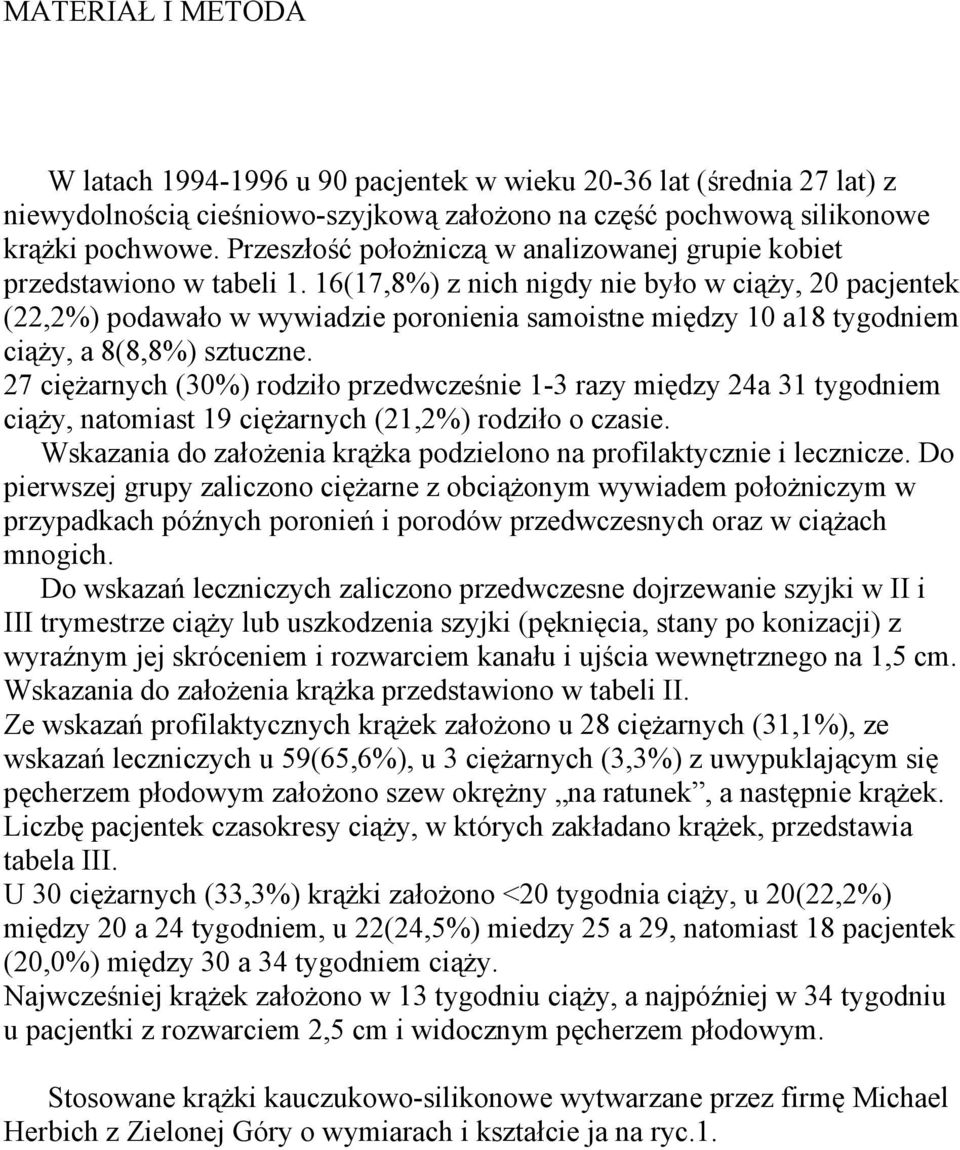 16(17,8%) z nich nigdy nie było w ciąży, 20 pacjentek (22,2%) podawało w wywiadzie poronienia samoistne między 10 a18 tygodniem ciąży, a 8(8,8%) sztuczne.