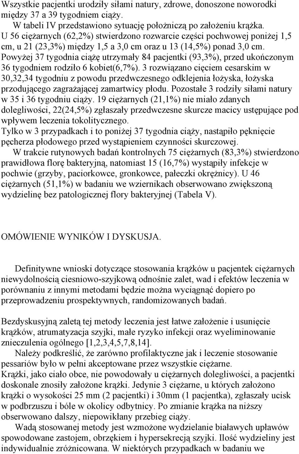 Powyżej 37 tygodnia ciążę utrzymały 84 pacjentki (93,3%), przed ukończonym 36 tygodniem rodziło 6 kobiet(6,7%).