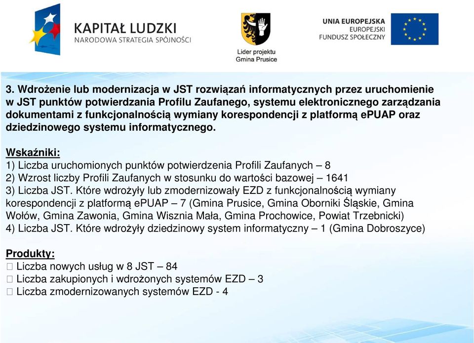 Wskaźniki: 1) Liczba uruchomionych punktów potwierdzenia Profili Zaufanych 8 2) Wzrost liczby Profili Zaufanych w stosunku do wartości bazowej 1641 3) Liczba JST.